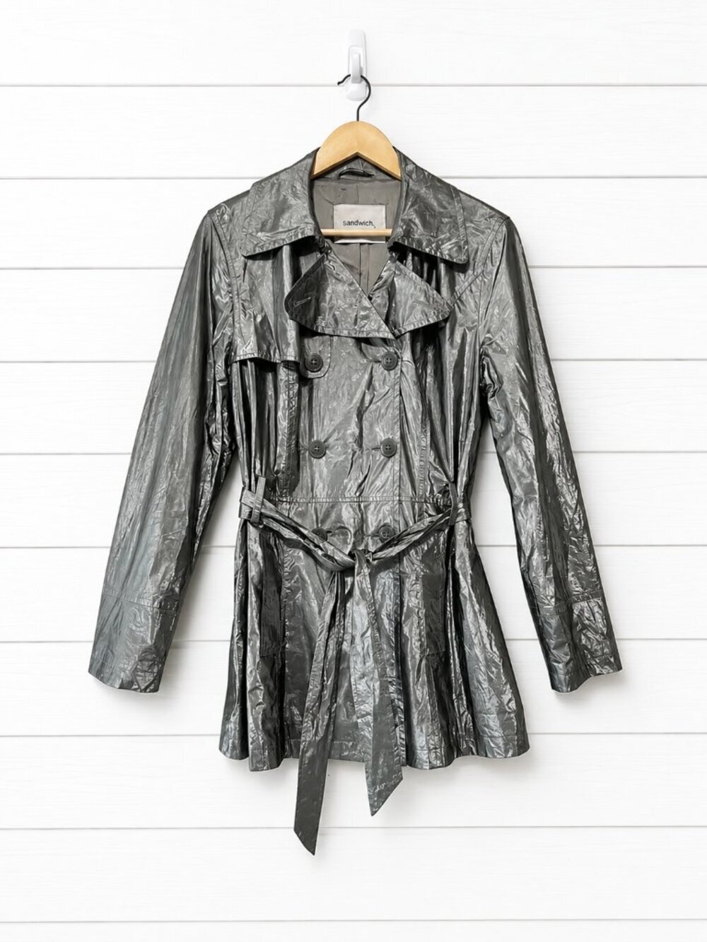 Sandwich_ Metallic Silver Grey Belted Trench Jacket Double Breasted Modern Coat